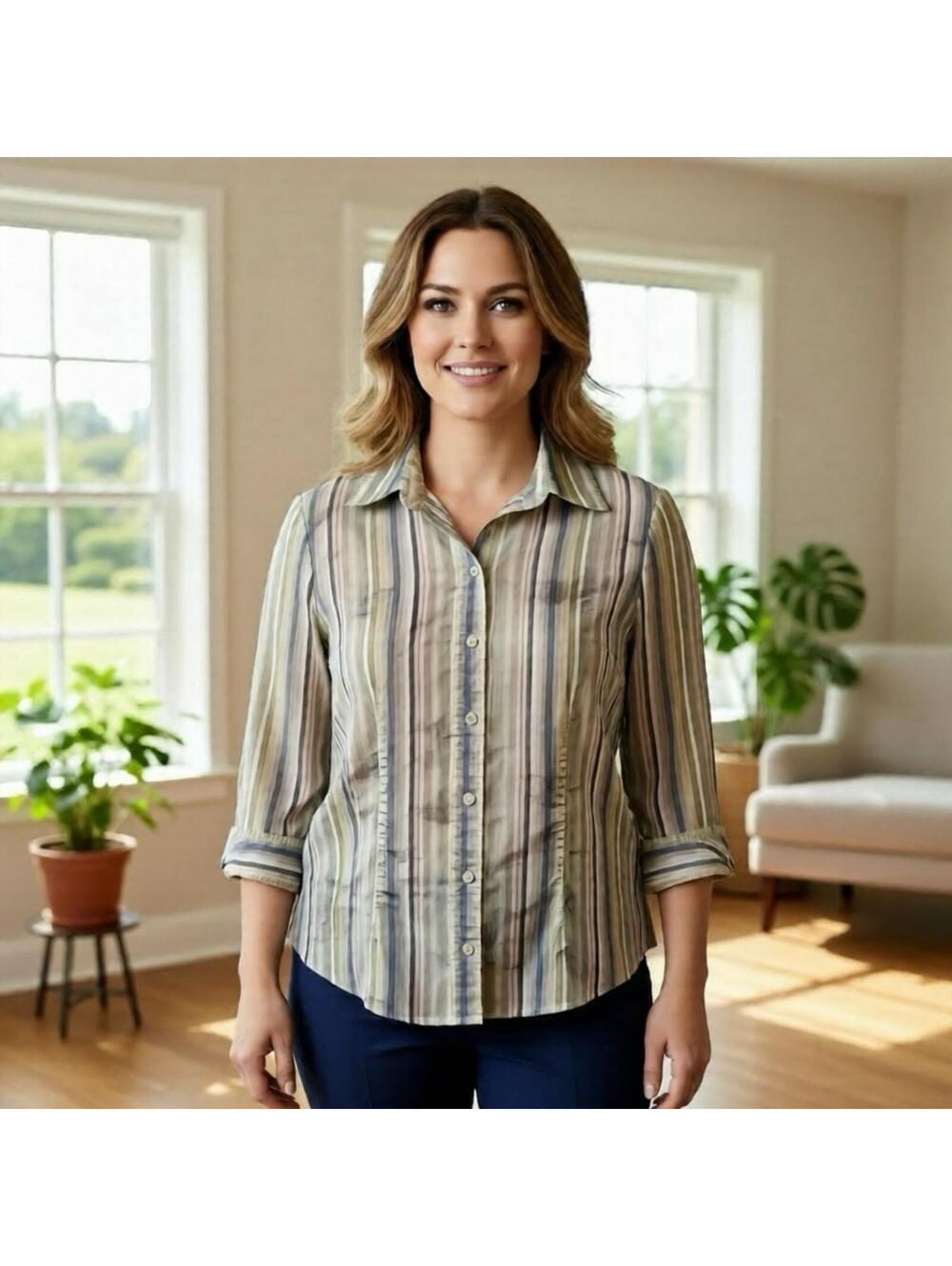 Gap Women's Striped Button-Up Shirt with 3/4 Sleeves